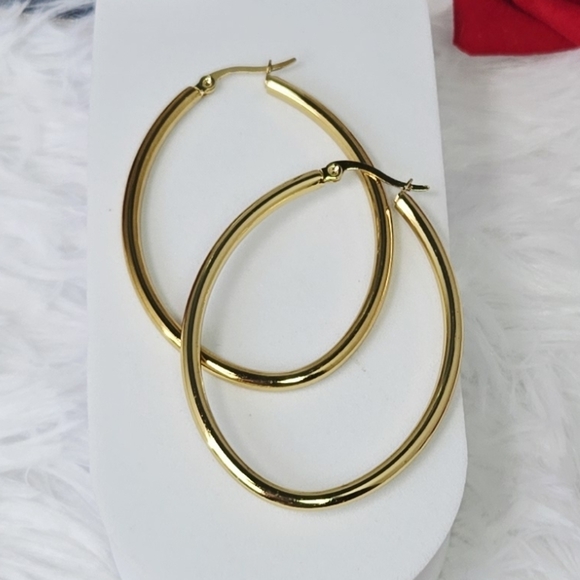 Jewelry - Chunky Gold Oval Hoop Earrings 40mm Stainless Steel Large Polished Hoops